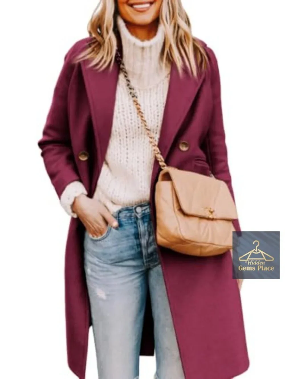 Women's Notched Lapel Double Breasted Pea Coat Mid Long Coat